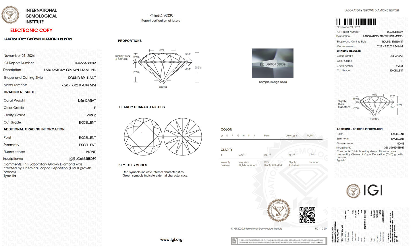 1.46 CT. Round VVS2 Clarity / F Color IGI Certified Lab Grown Loose Diamond.