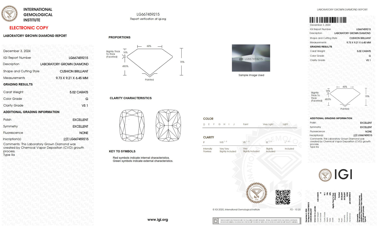 5.02 CT. Cushion VS1 Clarity / G Color IGI Certified Lab Grown Loose Diamond.