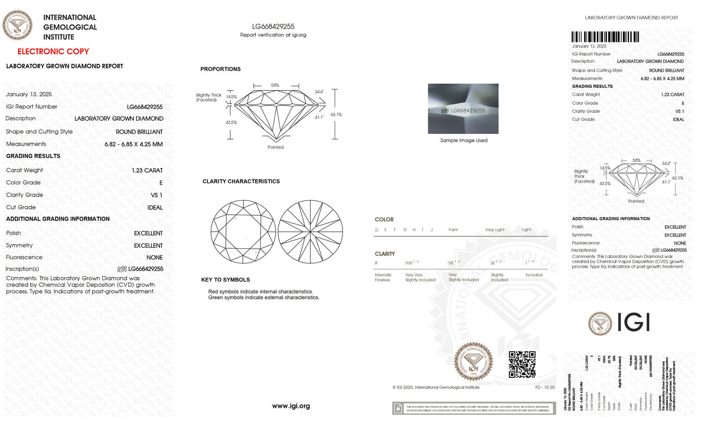 1.23 CT. Round VS1 Clarity / E Color IGI Certified Lab Grown Loose Diamond.