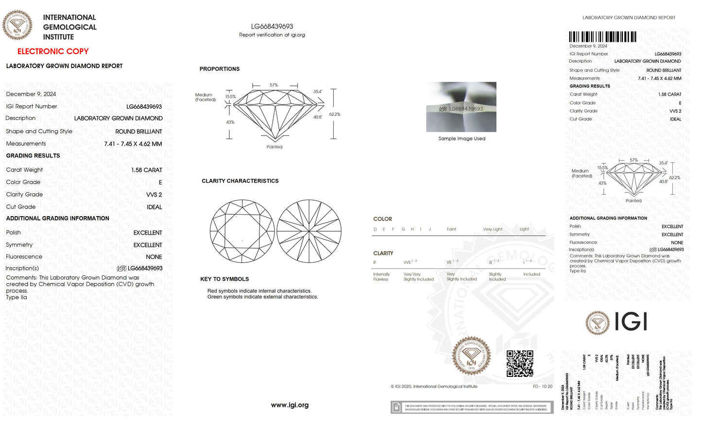 1.58 CT. Round VVS2 Clarity / E Color IGI Certified Lab Grown Loose Diamond.