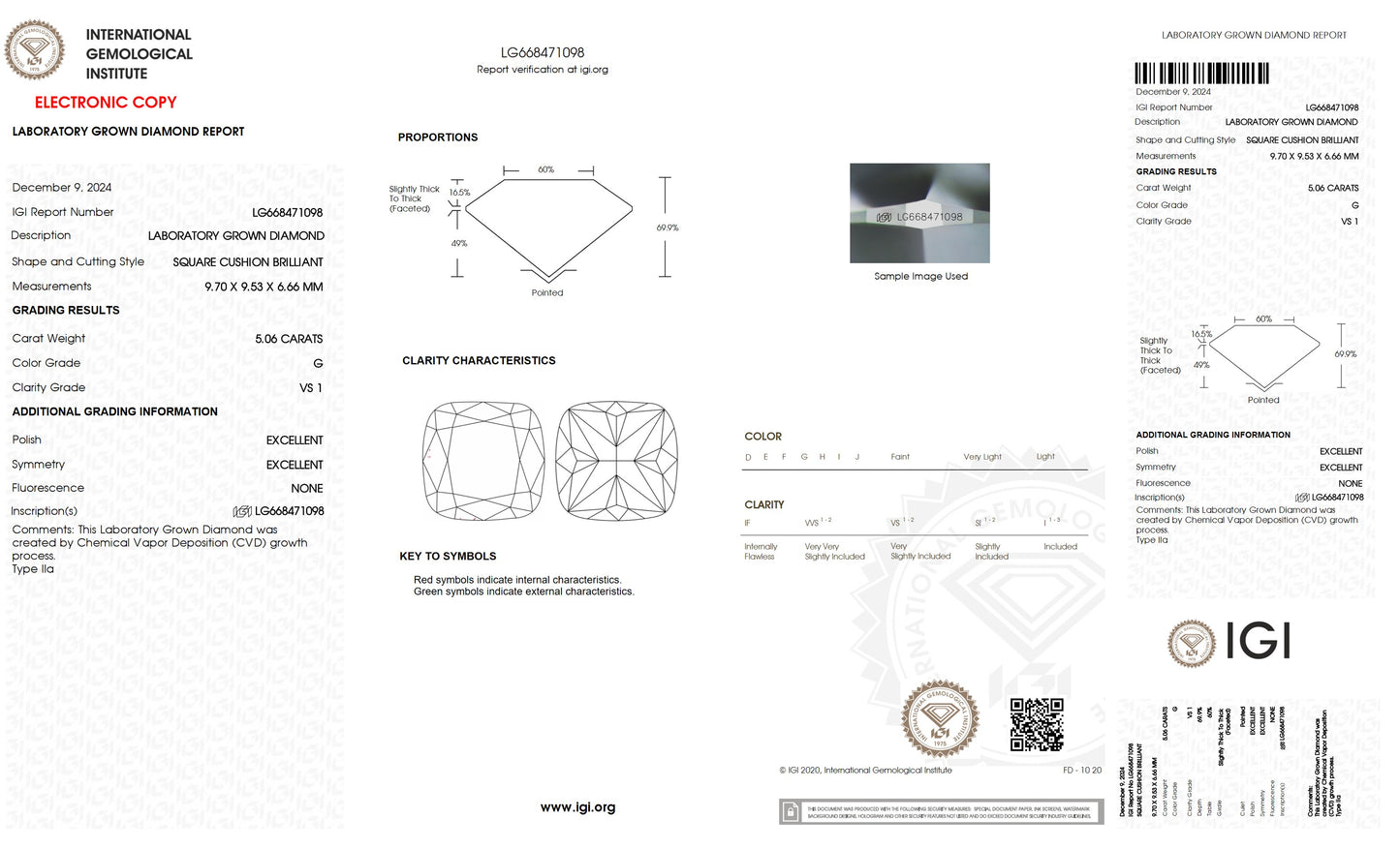 5.06 CT. Cushion VS1 Clarity / G Color IGI Certified Lab Grown Loose Diamond.