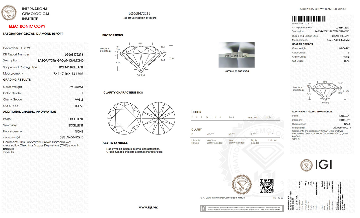 1.59 CT. Round VVS2 Clarity / F Color IGI Certified Lab Grown Loose Diamond.