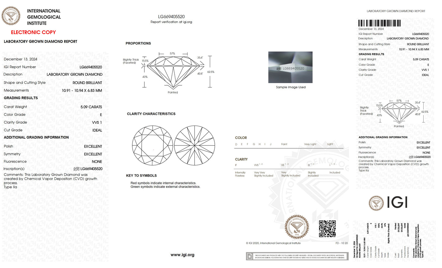 5.09 CT. Round VVS1 Clarity / E Color IGI Certified Lab Grown Loose Diamond.