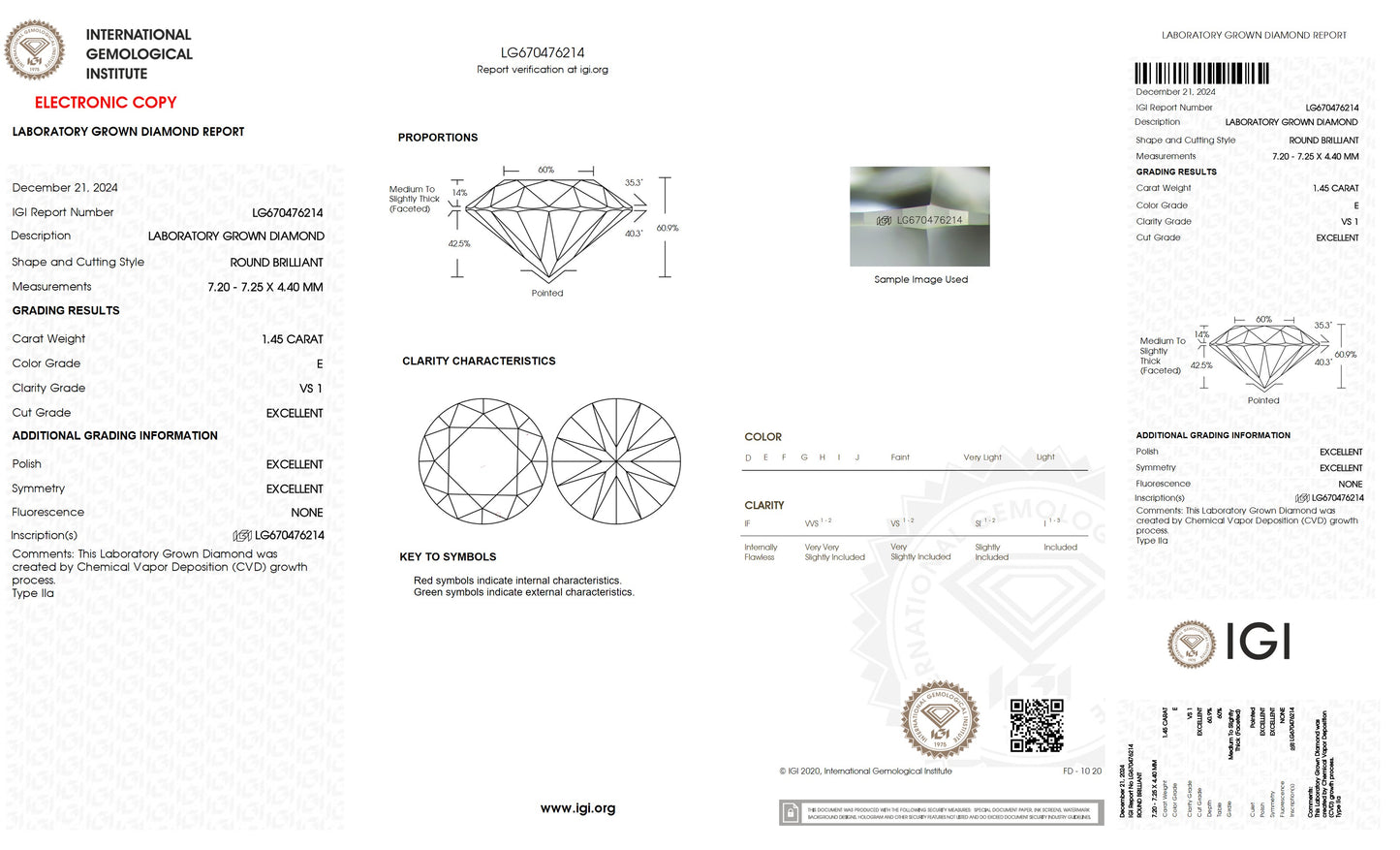 1.45 CT. Round VS1 Clarity / E Color IGI Certified Lab Grown Loose Diamond.