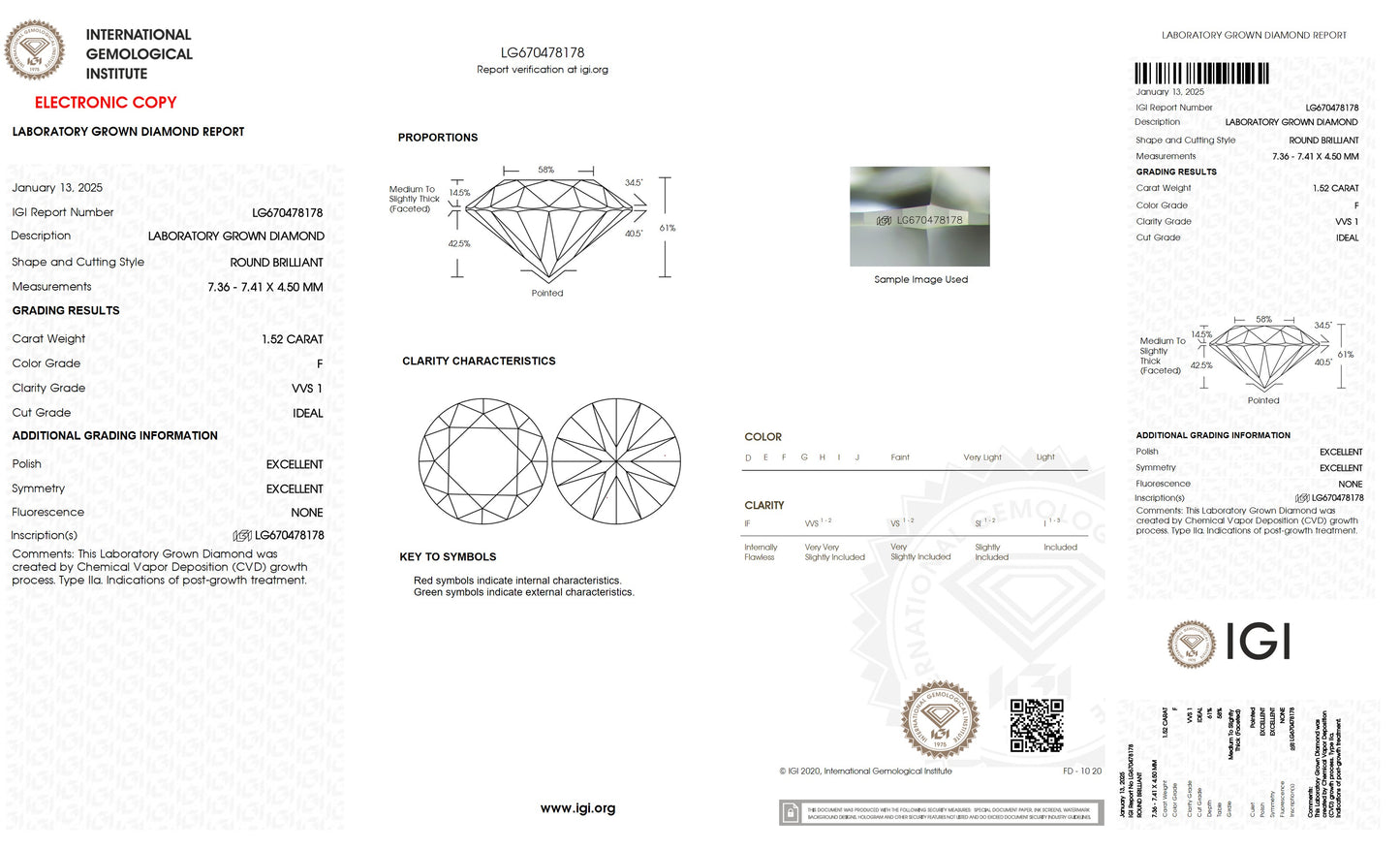 1.52 CT. Round VVS1 Clarity / F Color IGI Certified Lab Grown Loose Diamond.