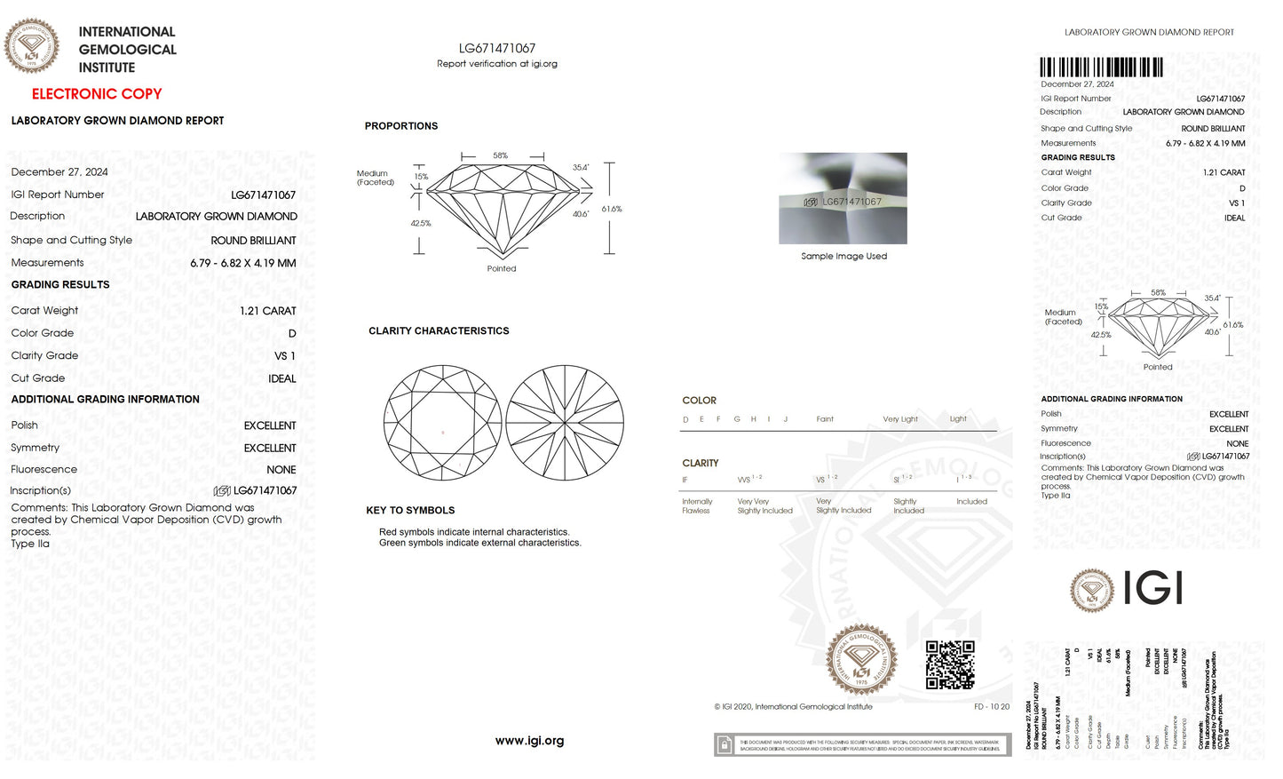 1.21 CT. Round VS1 Clarity / D Color IGI Certified Lab Grown Loose Diamond.