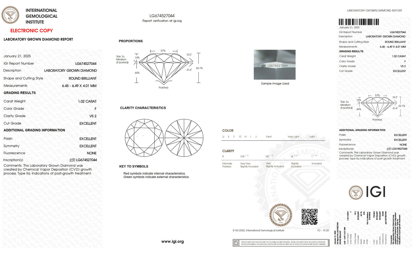 1.02 CT. Round VS2 Clarity / F Color IGI Certified Lab Grown Loose Diamond.