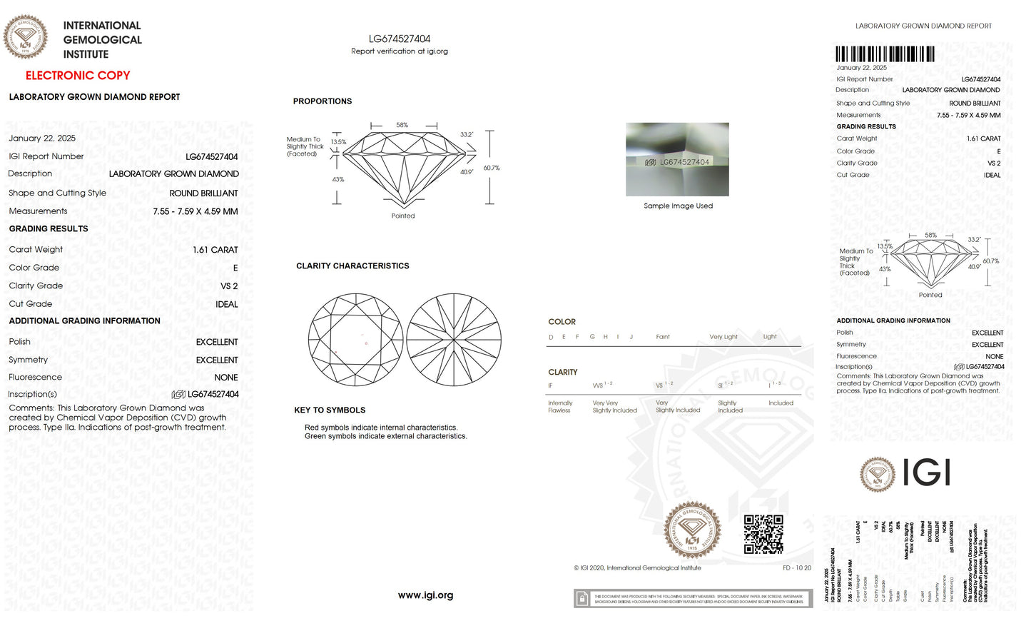 1.61 CT. Round VS2 Clarity / E Color IGI Certified Lab Grown Loose Diamond.