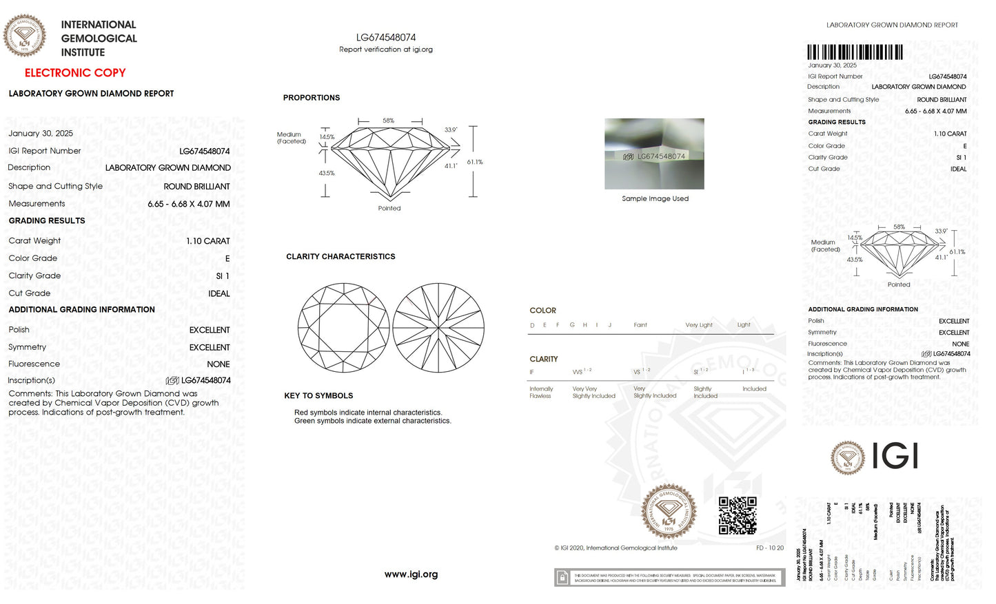 1.10 CT. Round SI1 Clarity / E Color IGI Certified Lab Grown Loose Diamond.