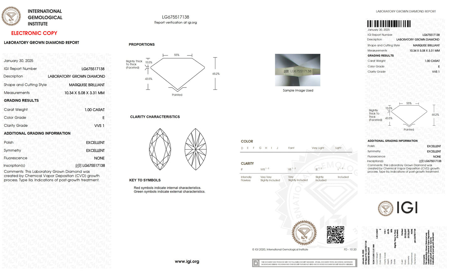 1.00 CT. Marquise VVS1 Clarity / E Color IGI Certified Lab Grown Loose Diamond.