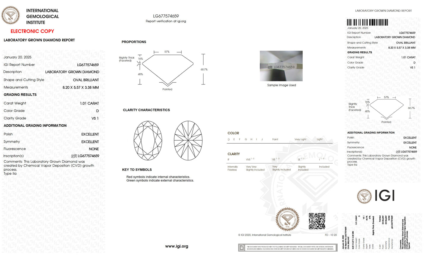 1.01 CT. Oval VS1 Clarity / D Color IGI Certified Lab Grown Loose Diamond.