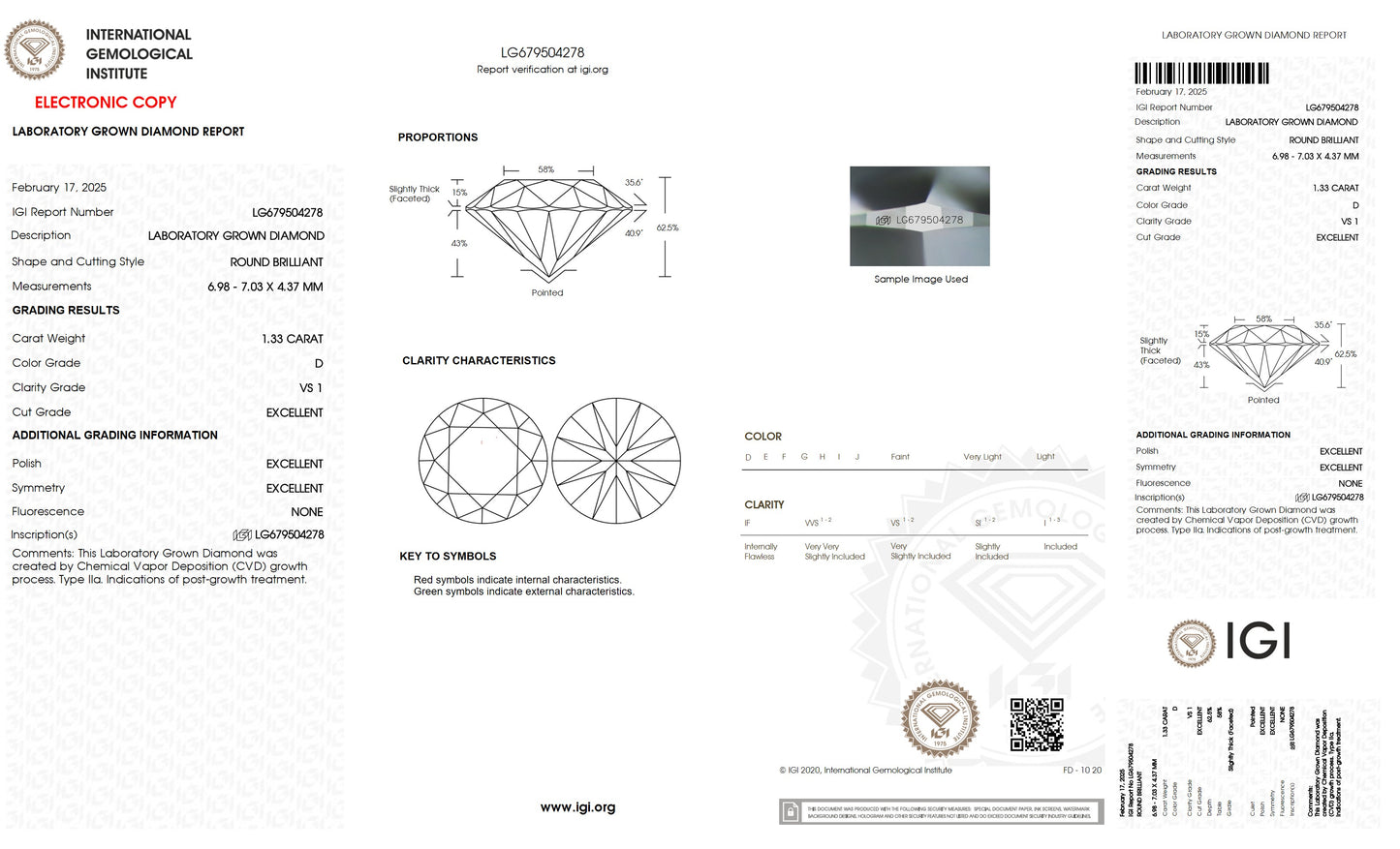 1.33 CT. Round VS1 Clarity / D Color IGI Certified Lab Grown Loose Diamond.