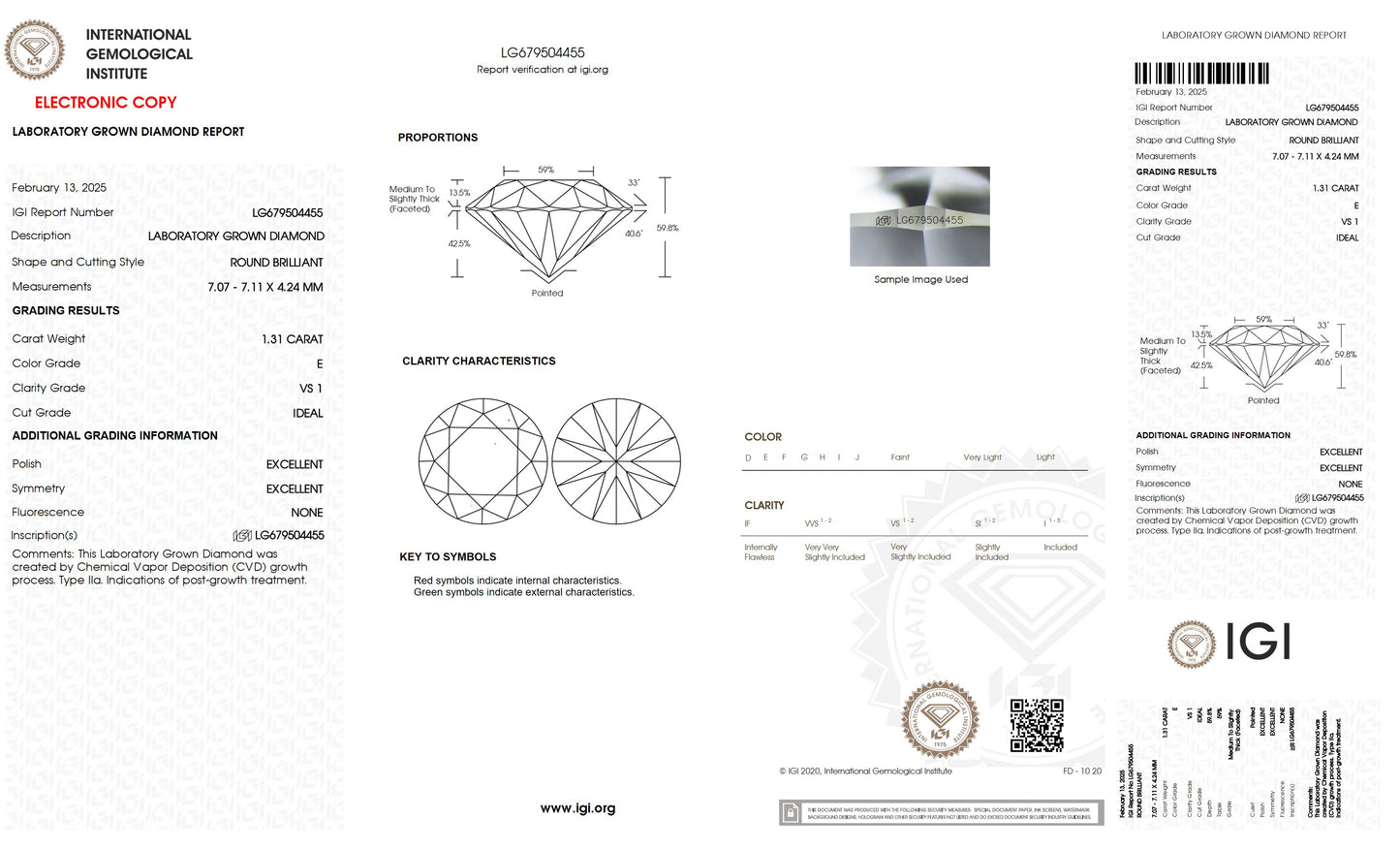 1.31 CT. Round VS1 Clarity / E Color IGI Certified Lab Grown Loose Diamond.