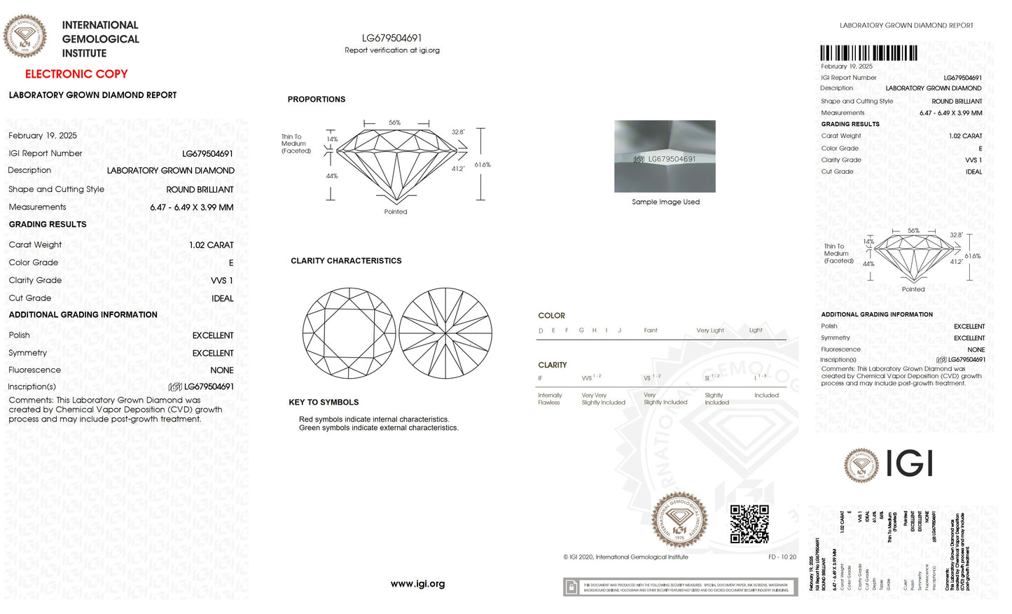 1.02 CT. Round VVS1 Clarity / E Color IGI Certified Lab Grown Loose Diamond.