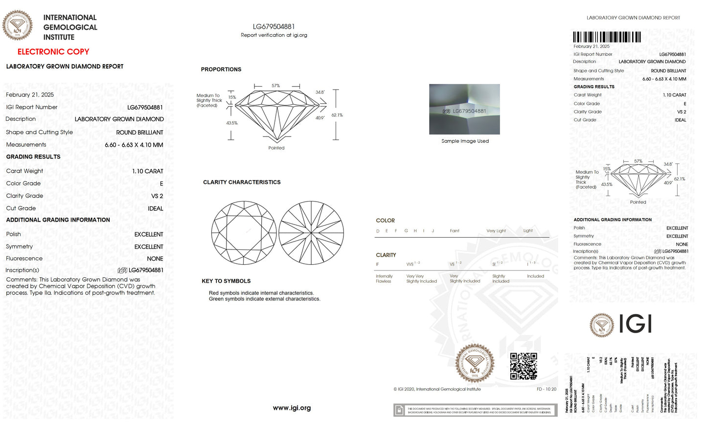 1.10 CT. Round VS2 Clarity / E Color IGI Certified Lab Grown Loose Diamond.