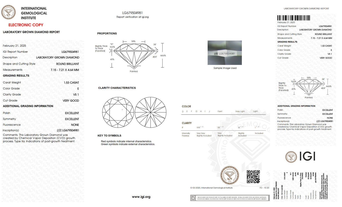 1.53 CT. Round VS1 Clarity / E Color IGI Certified Lab Grown Loose Diamond.