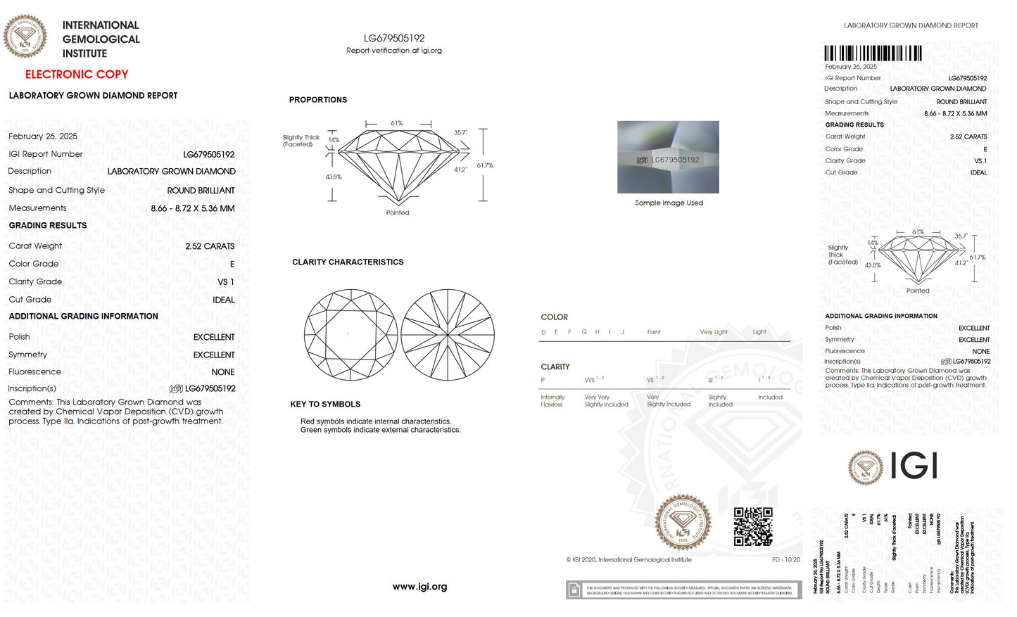 2.52 CT. Round VS1 Clarity / E Color IGI Certified Lab Grown Loose Diamond.