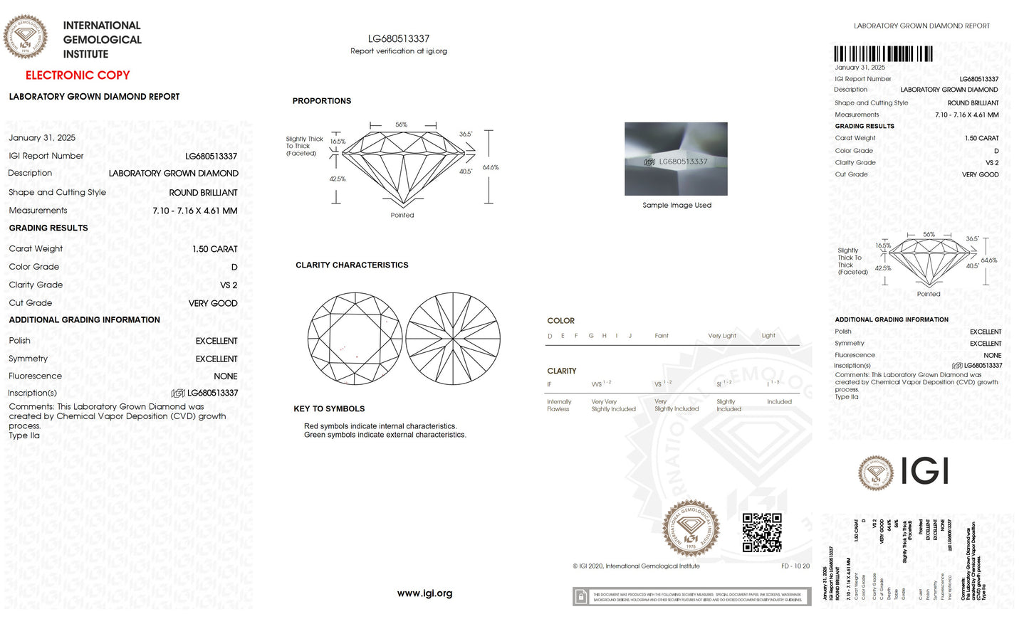 1.50 CT. Round VS2 Clarity / D Color IGI Certified Lab Grown Loose Diamond.