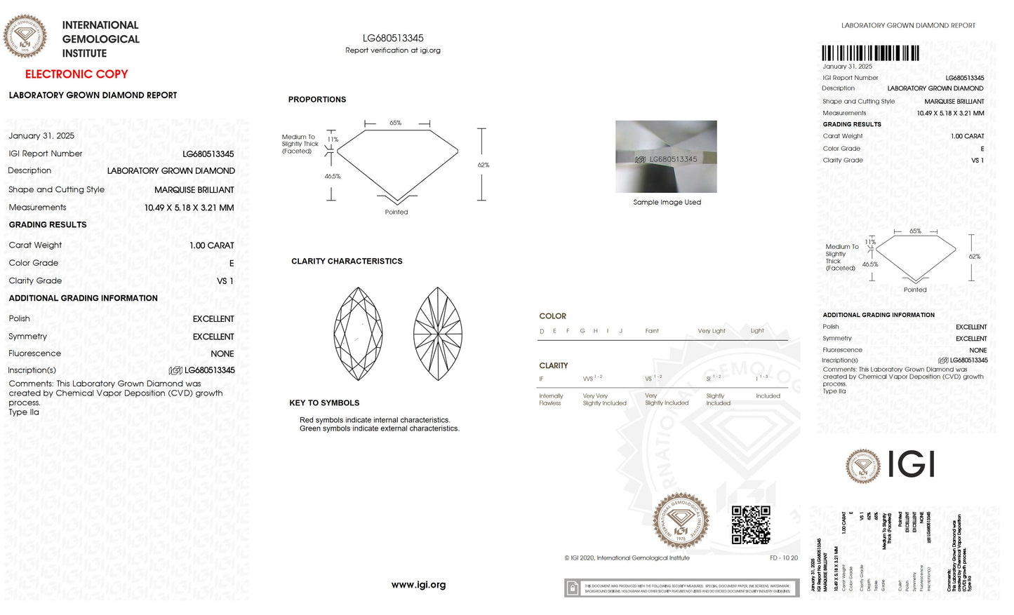 1.00 CT. Marquise VS1 Clarity / E Color IGI Certified Lab Grown Loose Diamond.