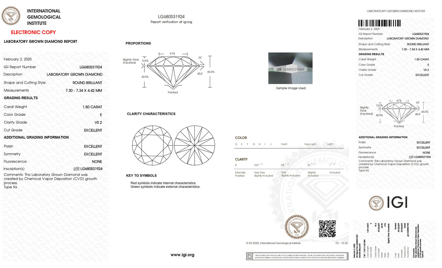 1.50 CT. Round VS2 Clarity / E Color IGI Certified Lab Grown Loose Diamond.