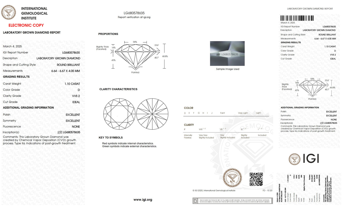 1.10 CT. Round VVS2 Clarity / D Color IGI Certified Lab Grown Loose Diamond.