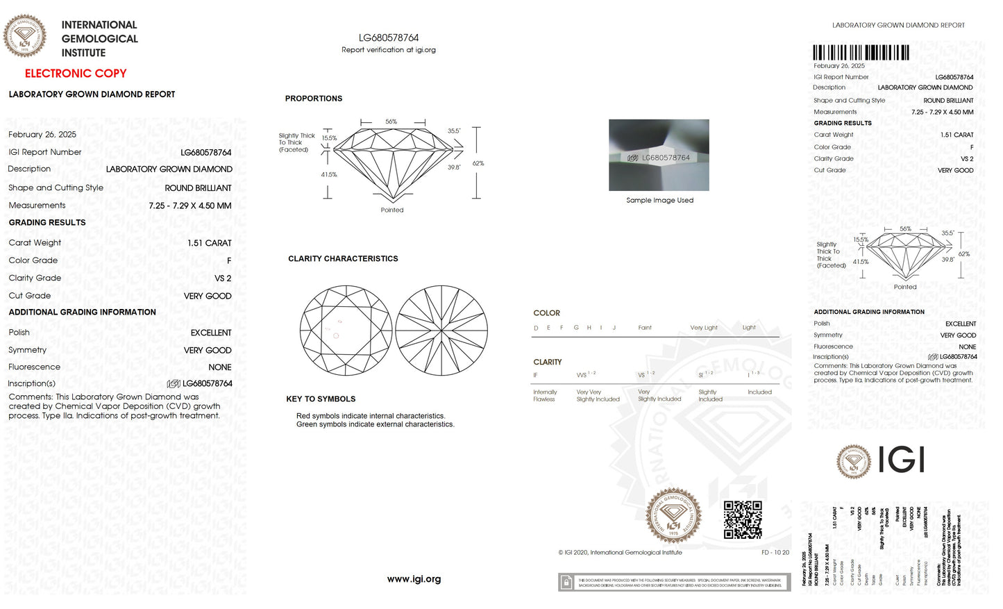 1.51 CT. Round VS2 Clarity / F Color IGI Certified Lab Grown Loose Diamond.