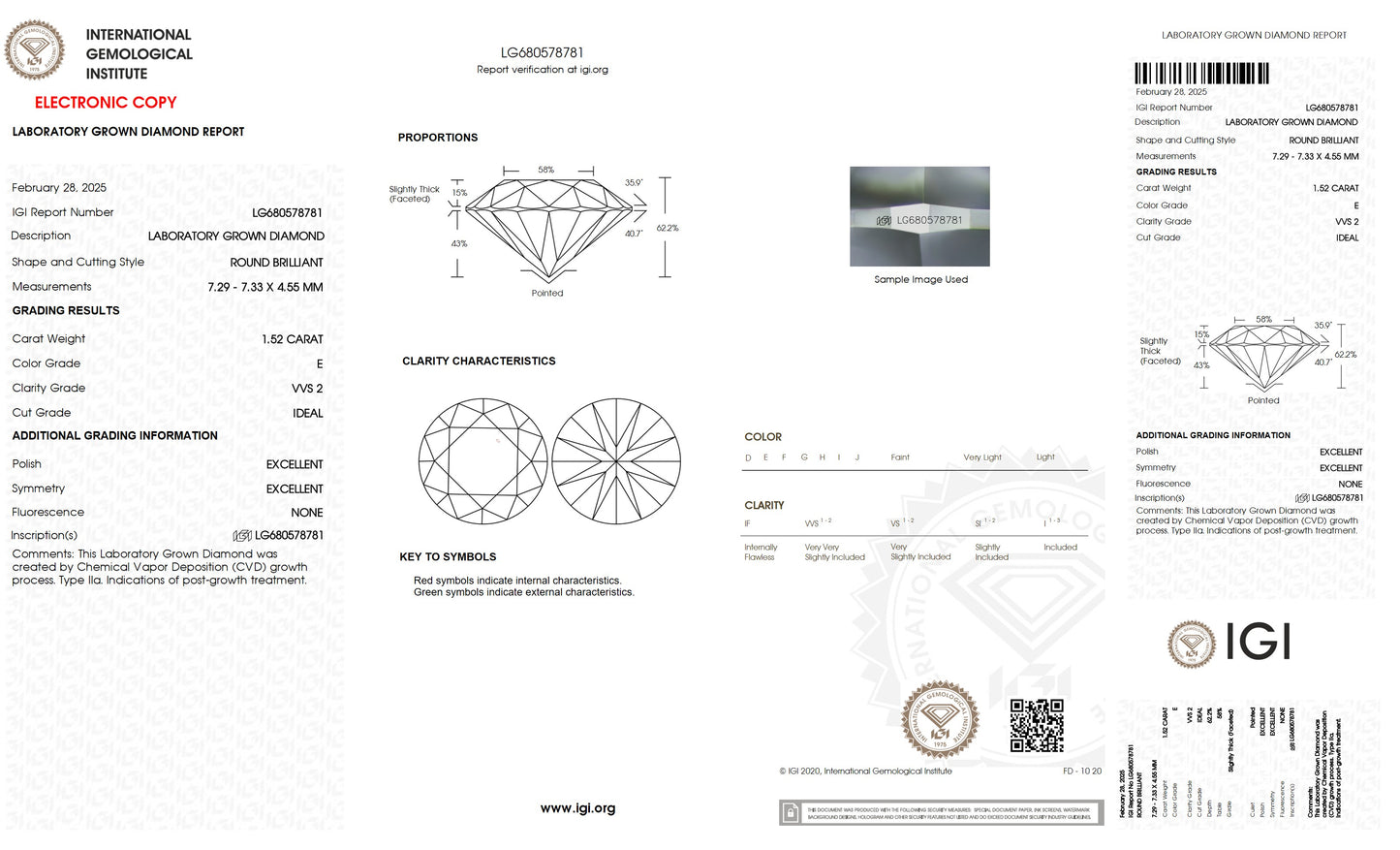 1.52 CT. Round VVS2 Clarity / E Color IGI Certified Lab Grown Loose Diamond.