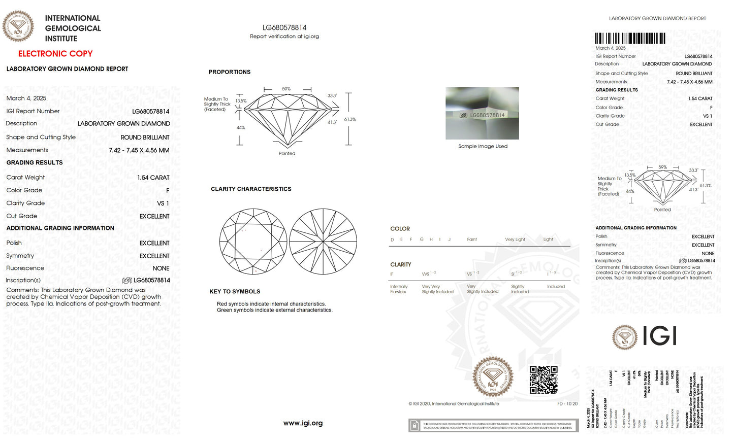 1.54 CT. Round VS1 Clarity / F Color IGI Certified Lab Grown Loose Diamond.