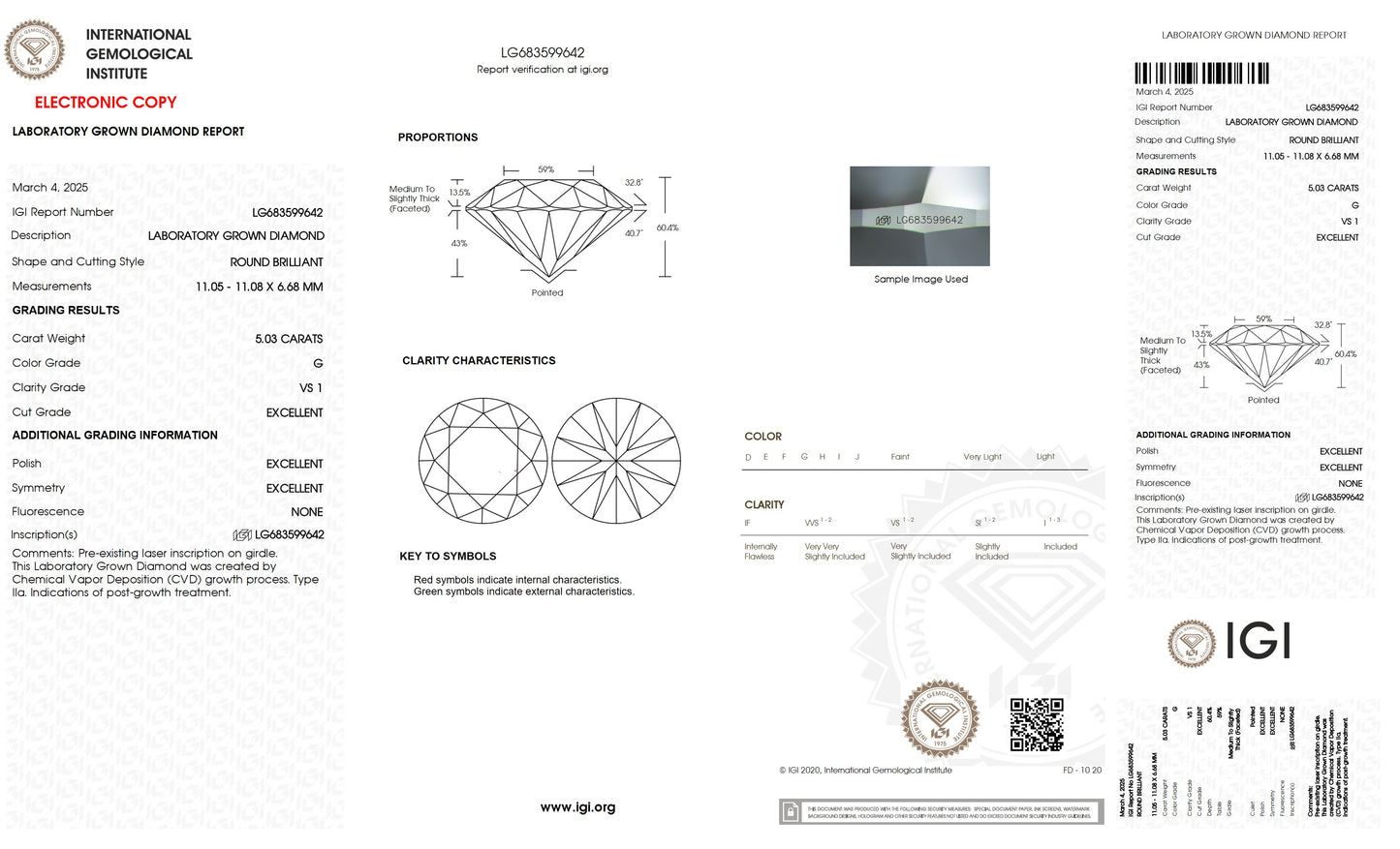 5.03 CT. Round VS1 Clarity / G Color IGI Certified Lab Grown Loose Diamond.