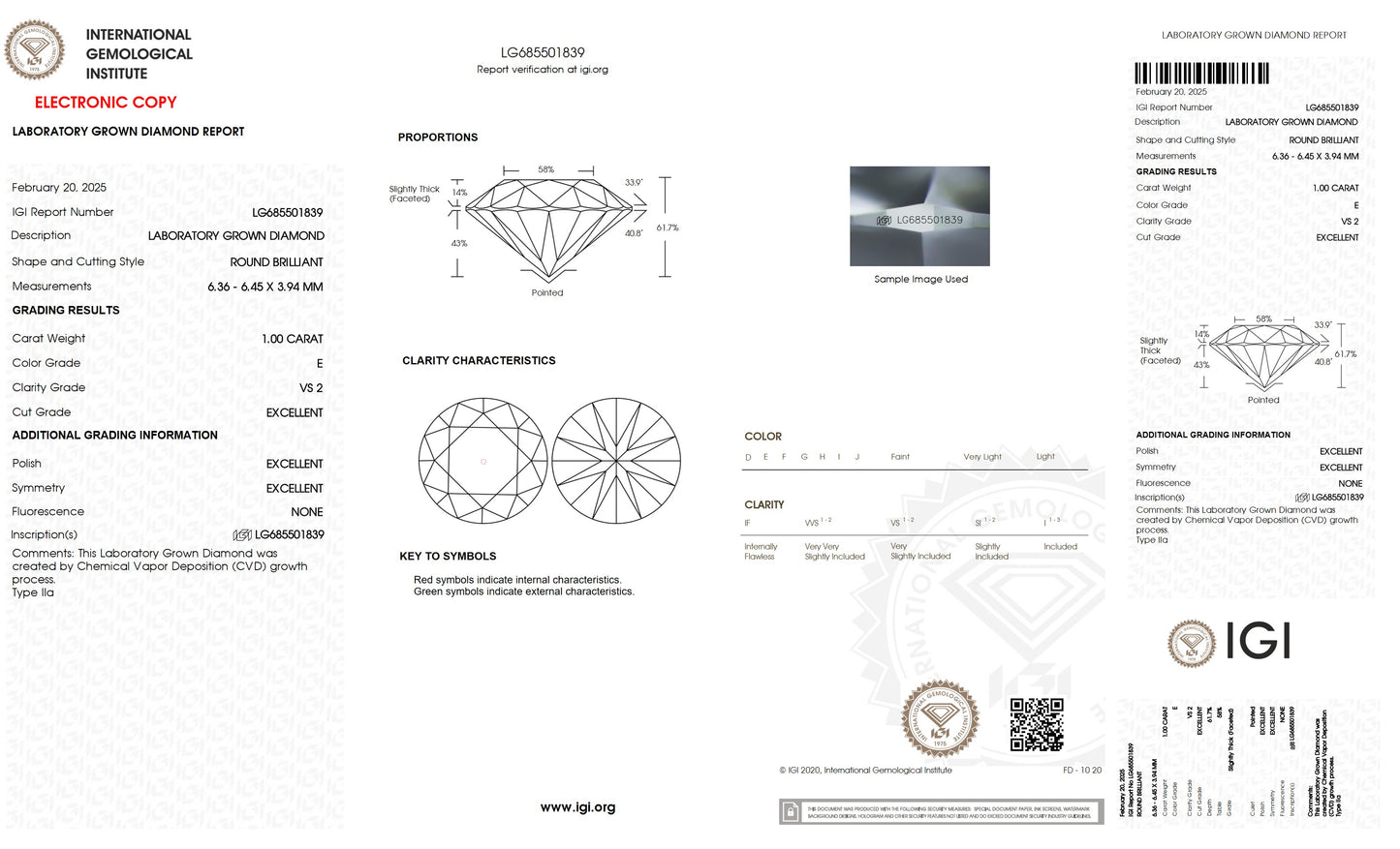 1.00 CT. Round VS2 Clarity / E Color IGI Certified Lab Grown Loose Diamond.